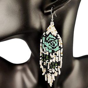 Long 4.5" Handmade Beaded Blue Rose Earrings Large Roses Flowers Beads Floral